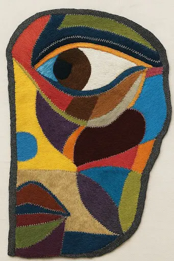 The finished patchwork eye artwork, built from swatch fragments with zig-zag appliqué