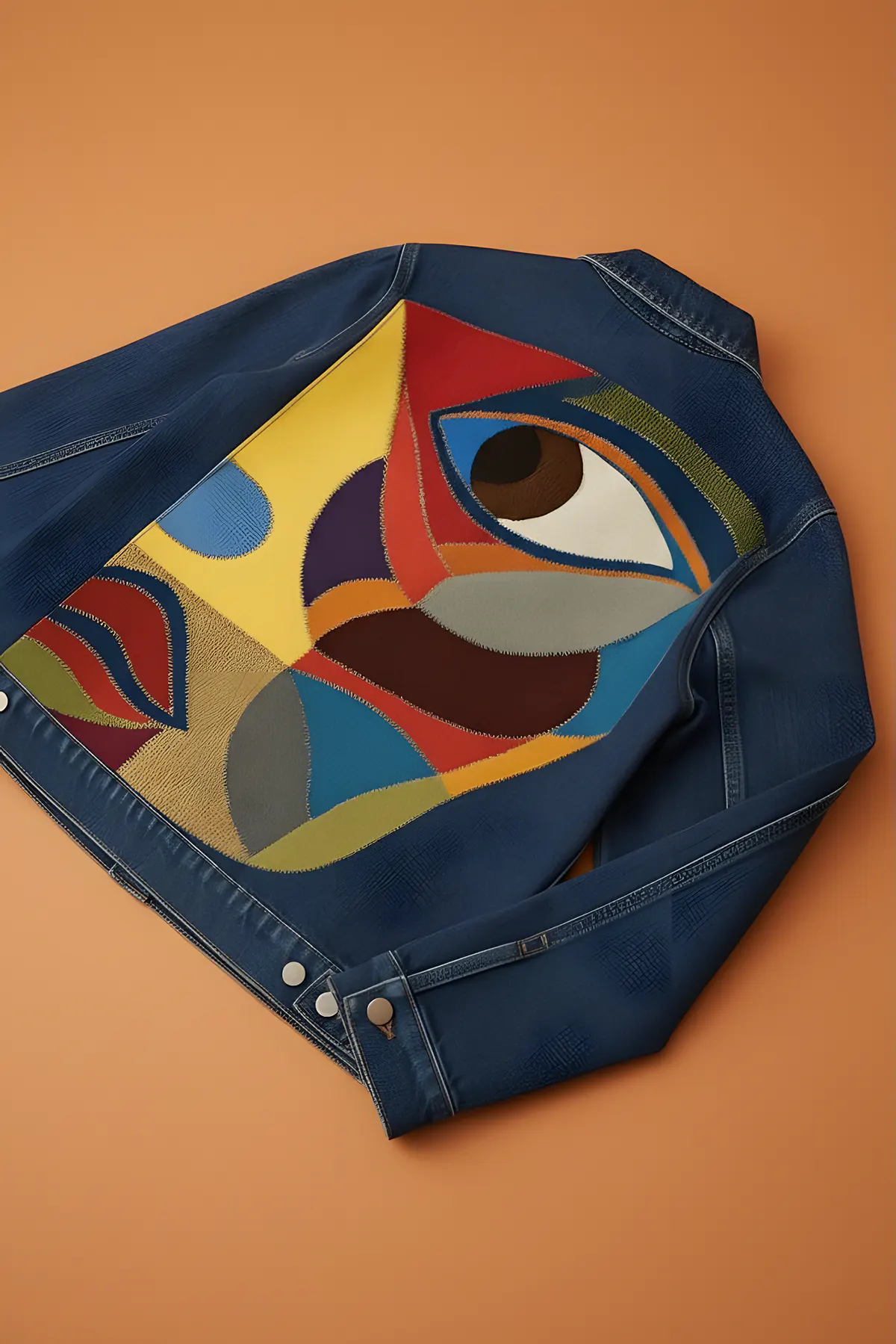 The GAZE denim jacket laid flat, showing the patchwork eye