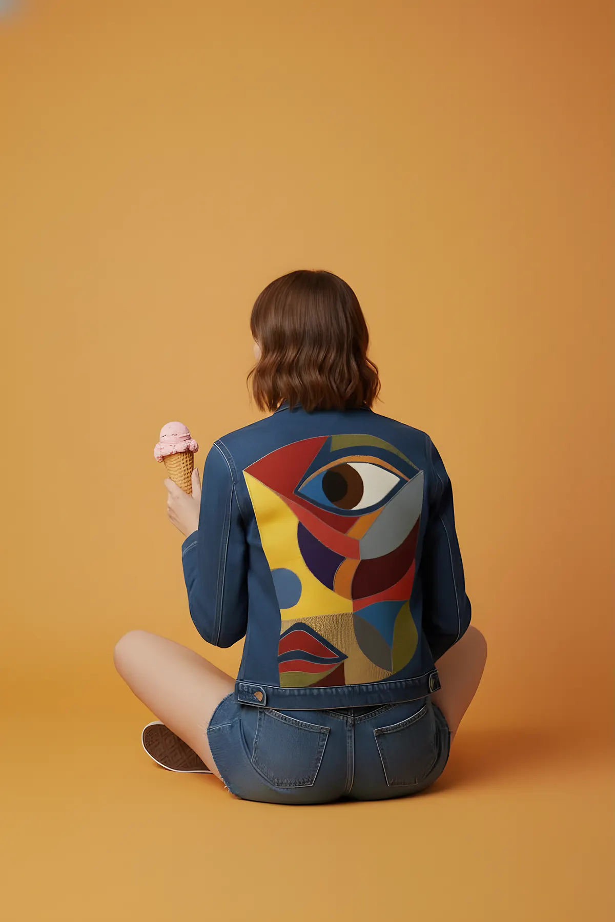 Model seated, showing the back of the GAZE jacket