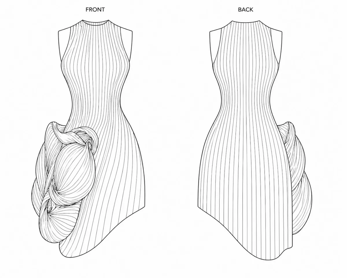 Technical flats, front and back, of a channelled dress with shell volumes