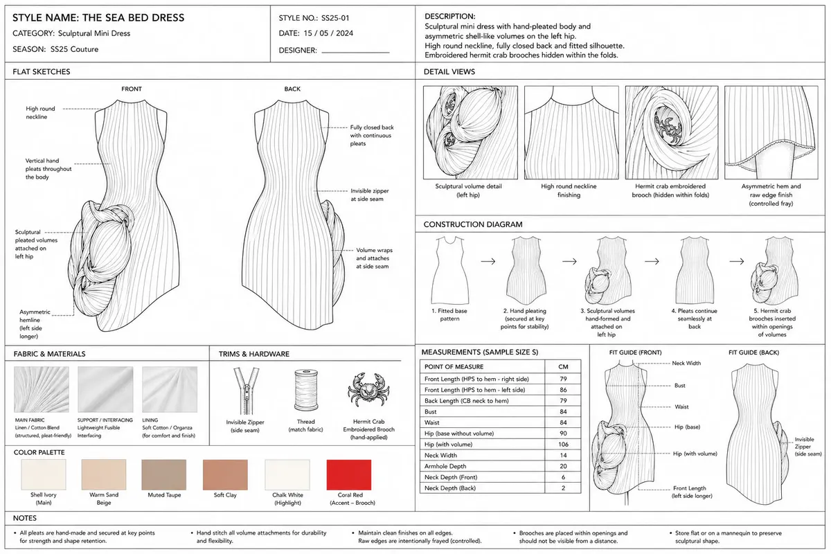 Specification sheet for the channelled dress