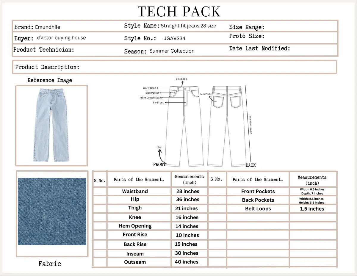Tech pack: straight-fit jeans with measurements