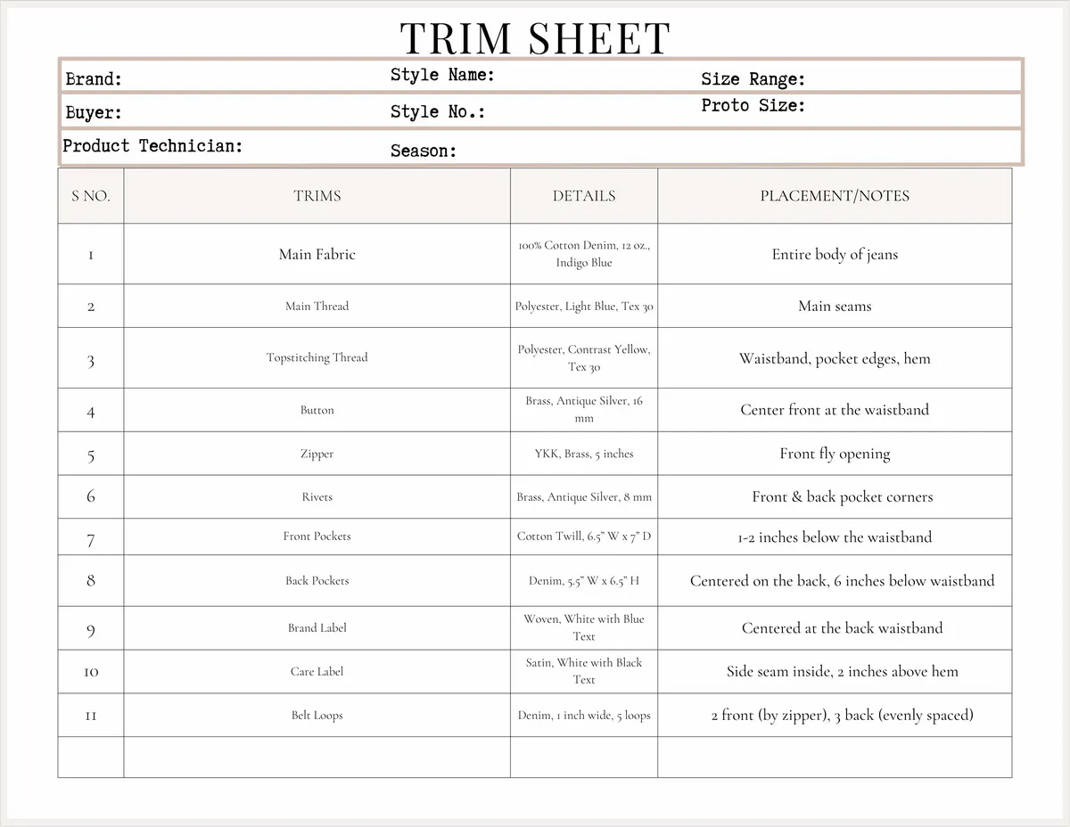 Trim sheet: straight-fit jeans