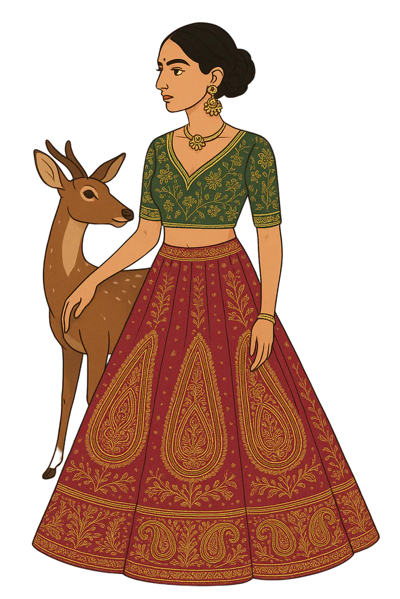 Illustration: a woman in an Aari-embroidered lehenga