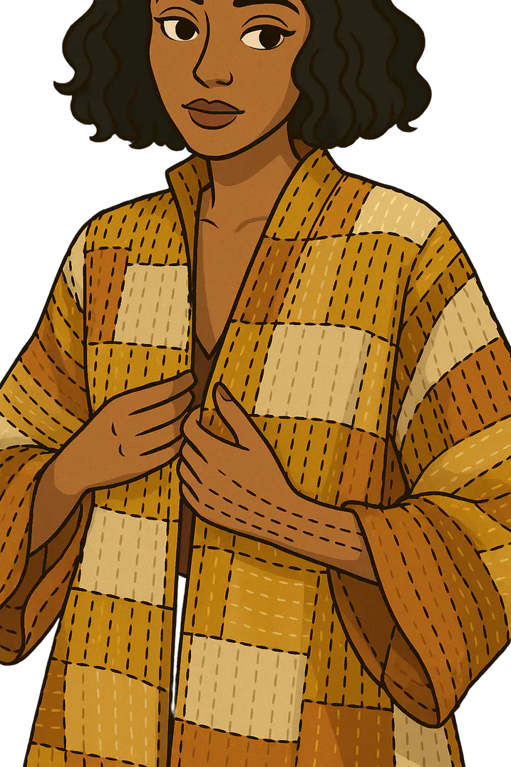Illustration: a woman in a Kantha quilted wrap