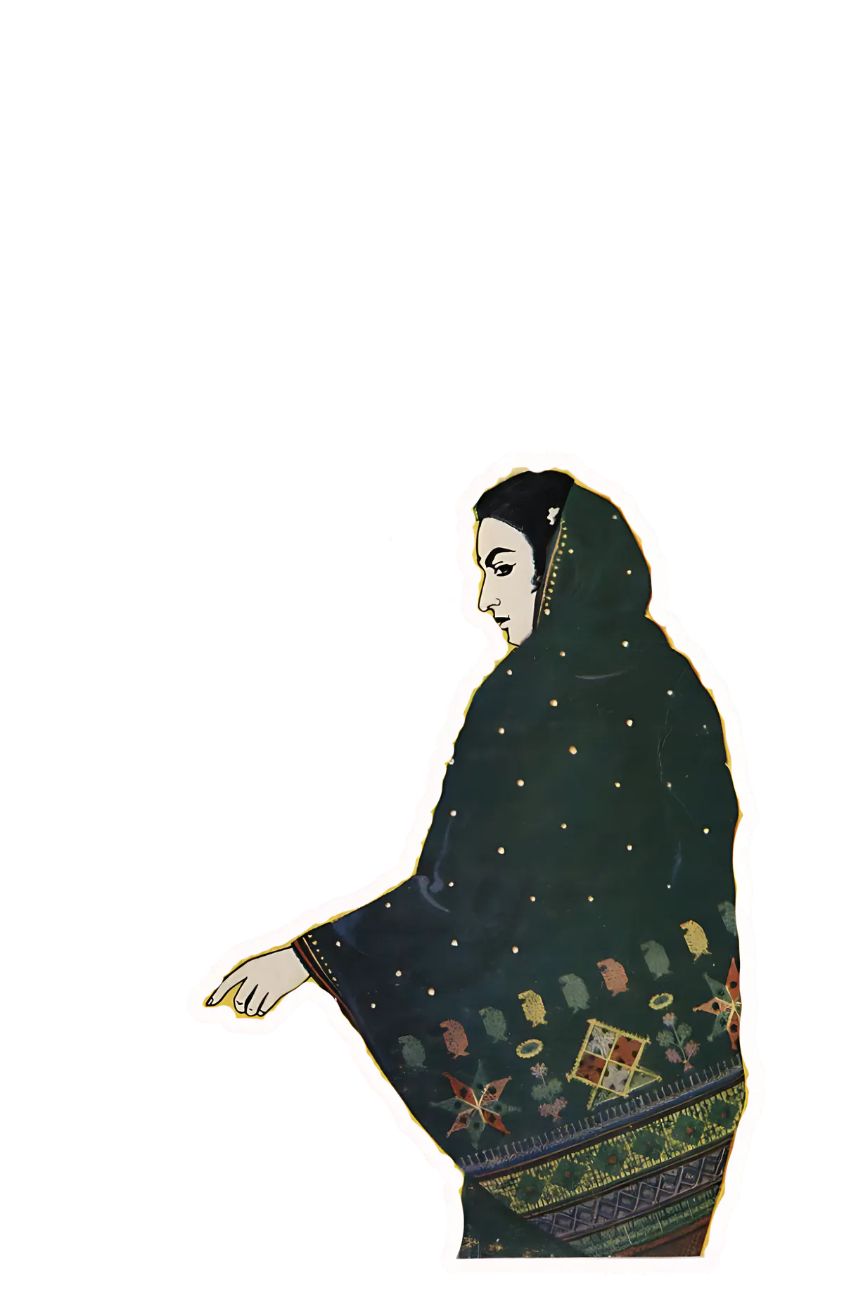 Illustration: a woman in a black Kasuti-embroidered shawl