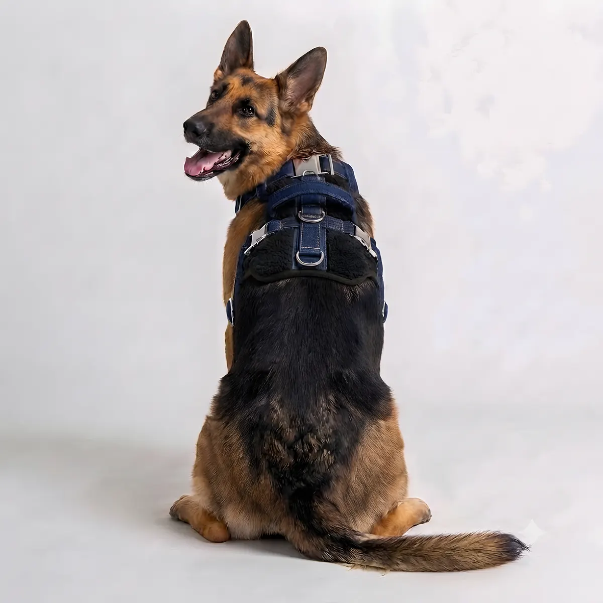 German shepherd wearing the Contour Harness in Denim Core