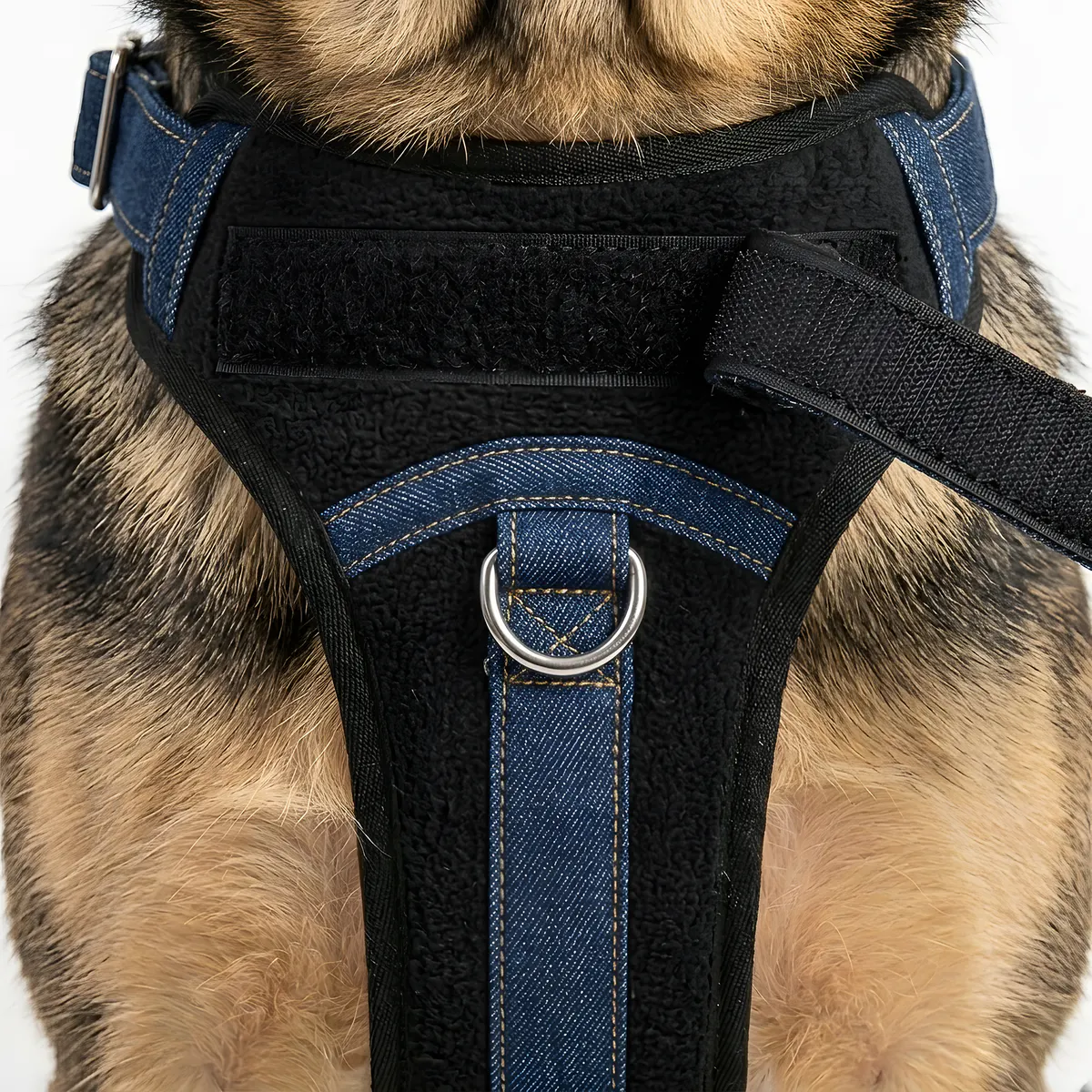 Front strap and metal hardware of the Denim Core Contour Harness