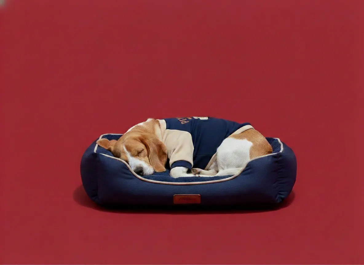 Beagle napping in a bed in the 'Petflix and Chill' sweatshirt