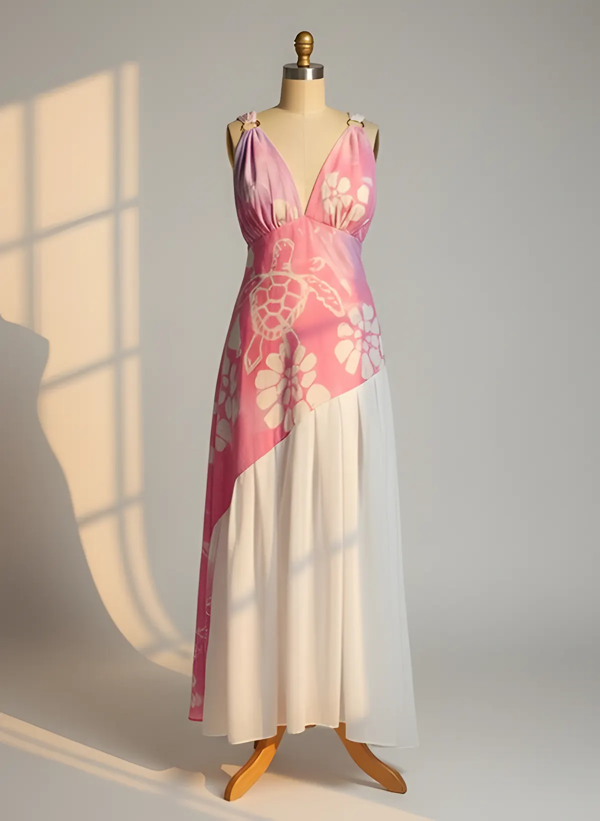 The batik gown on a dress form