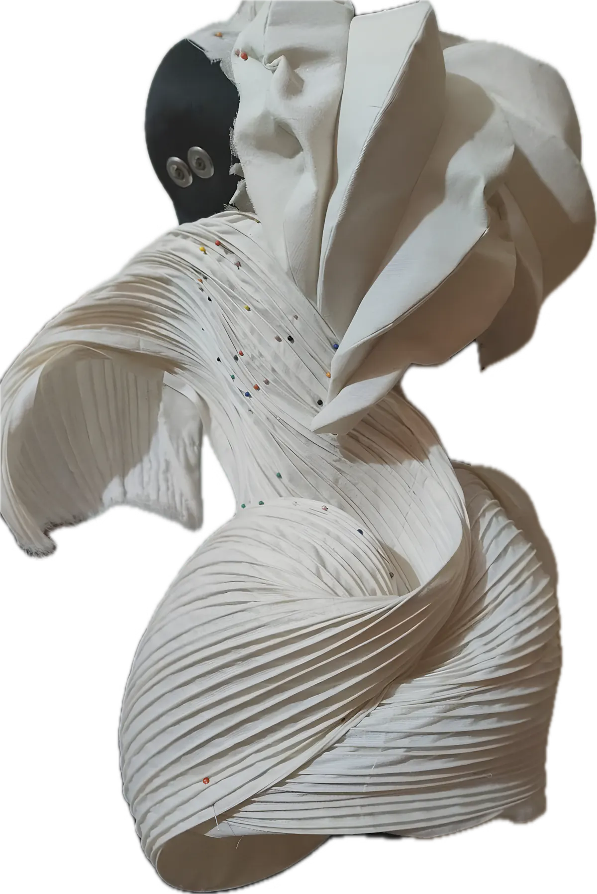 Form exploration: sculpted pleats sweeping across the bodice
