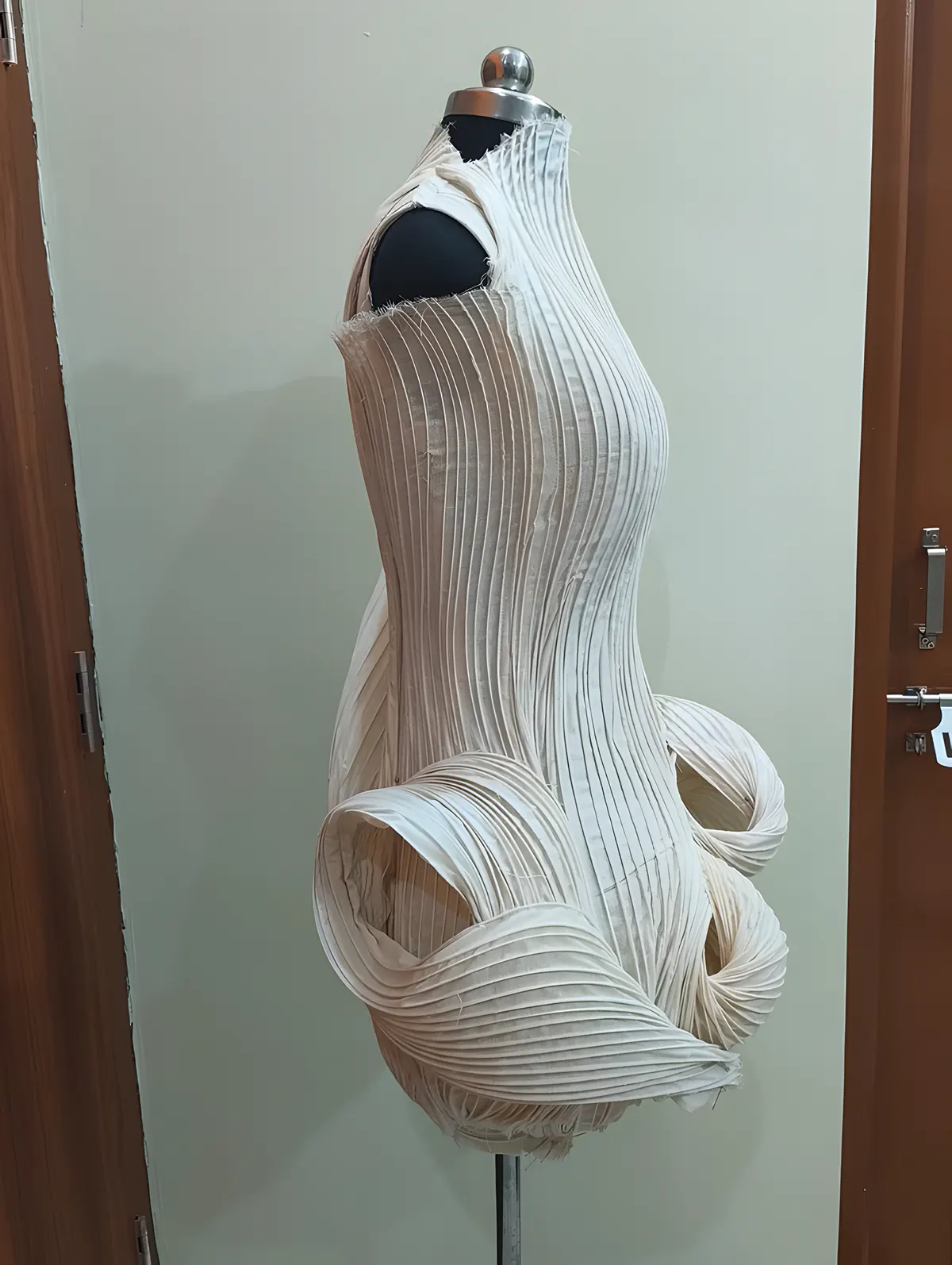 Side view of the Last Shell dress in the studio