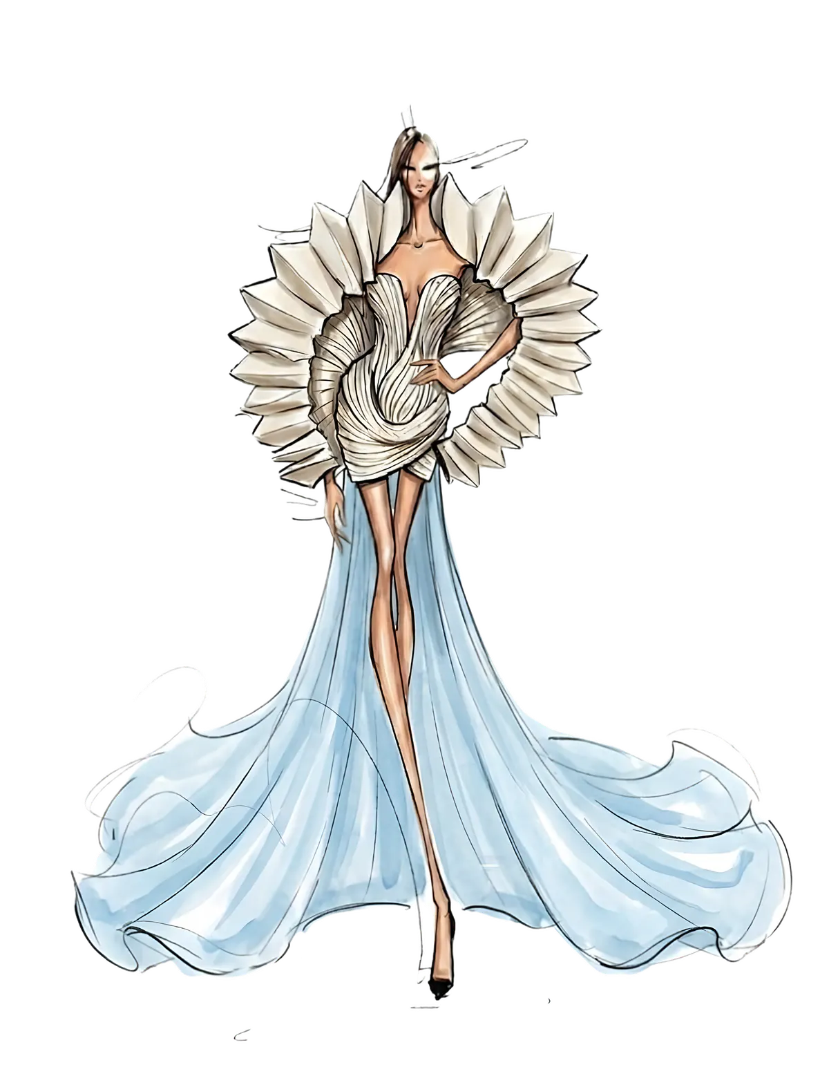 Sanctuary: illustration of a gown with a fanned shell collar and a pale blue train