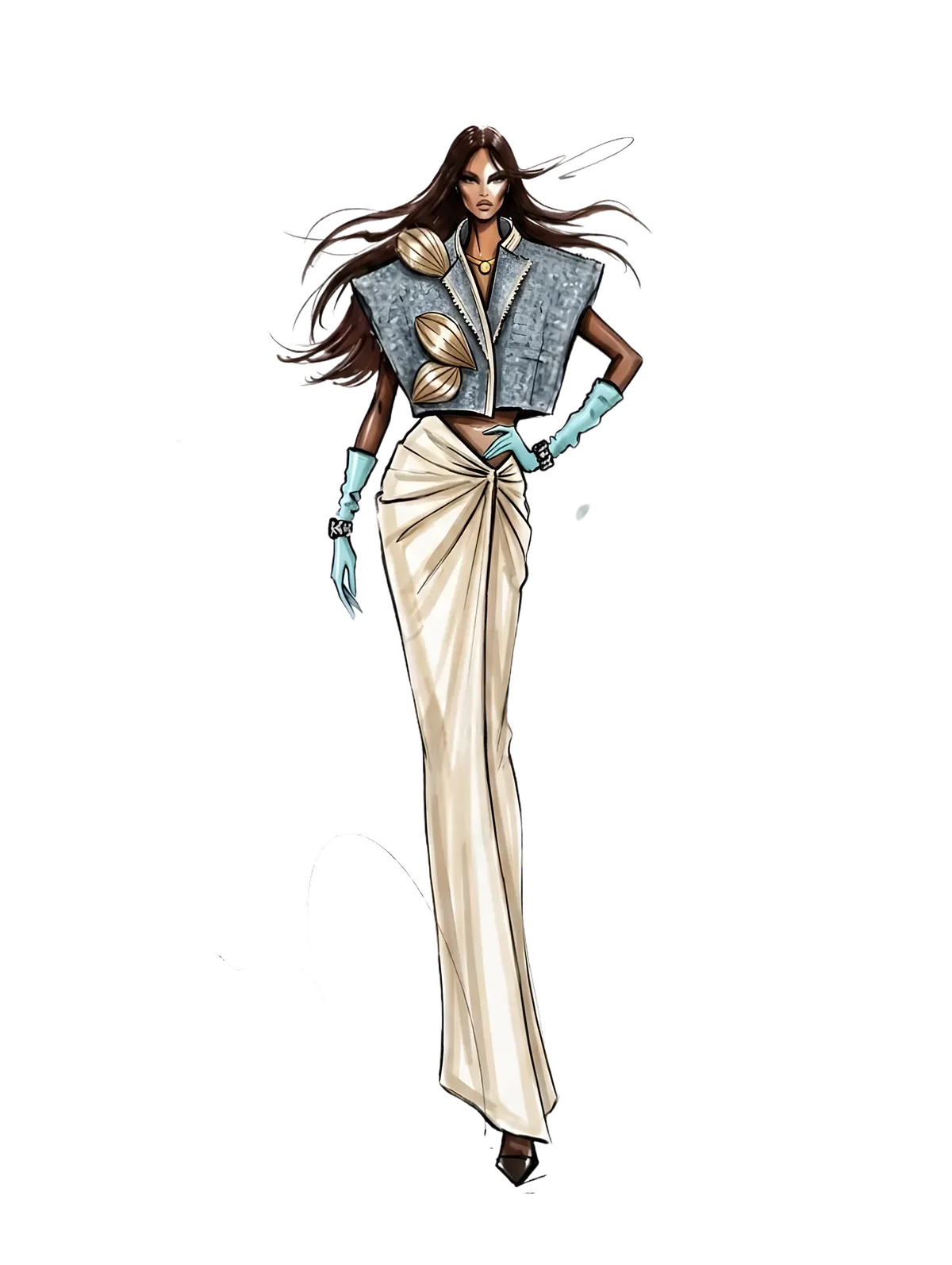 Look 1, Shore: illustration of a cropped embroidered jacket over a draped column skirt