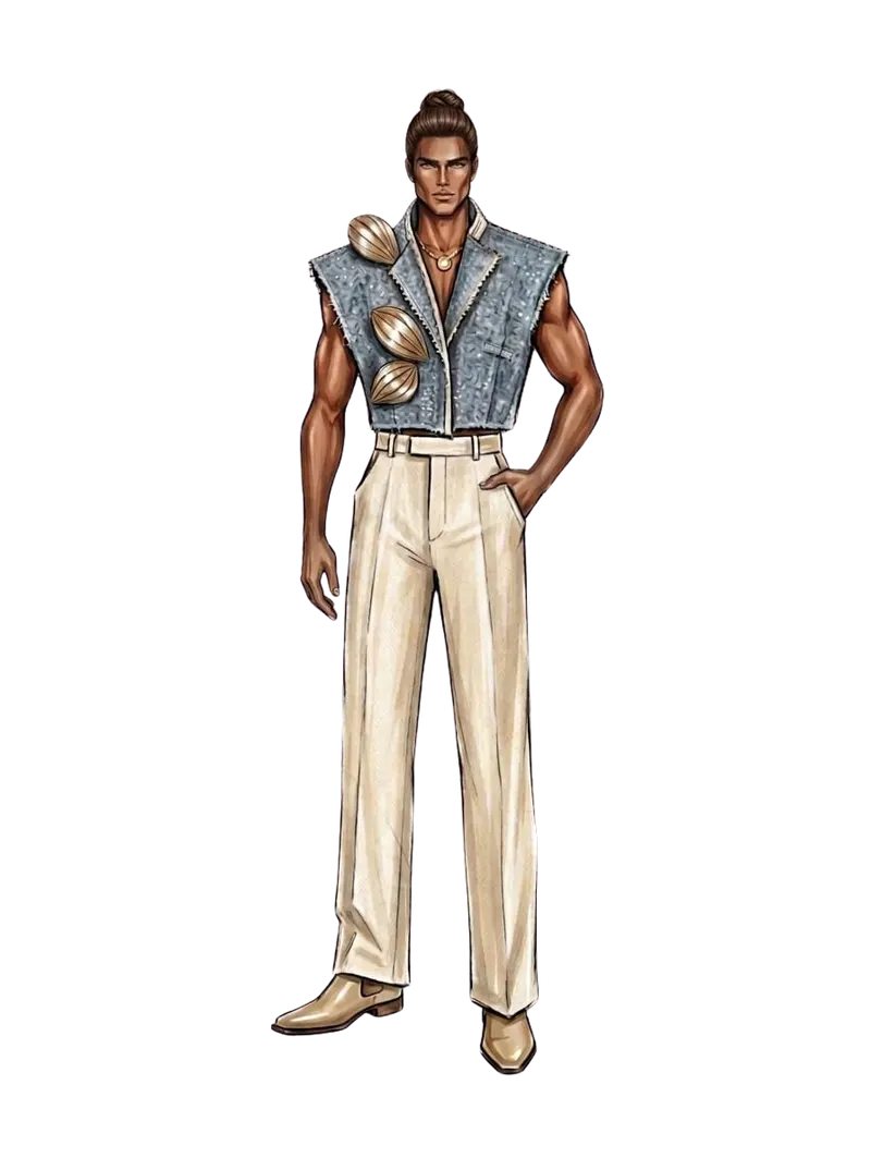 Look 1, Shore: menswear illustration with a cropped embroidered jacket and wide trousers