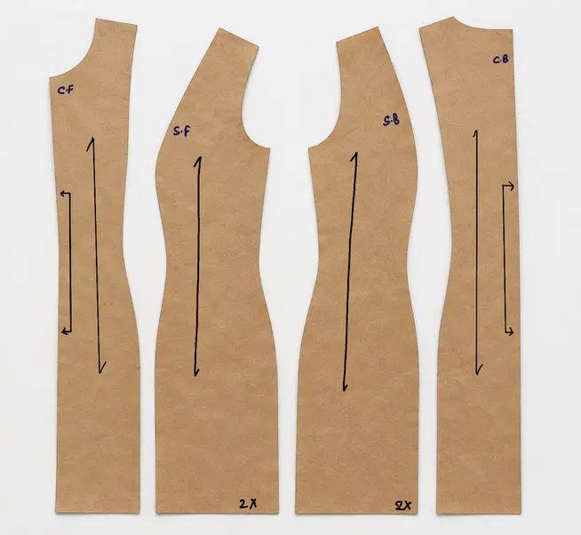 Key pattern pieces for the base garment: centre front, side front, side back, centre back